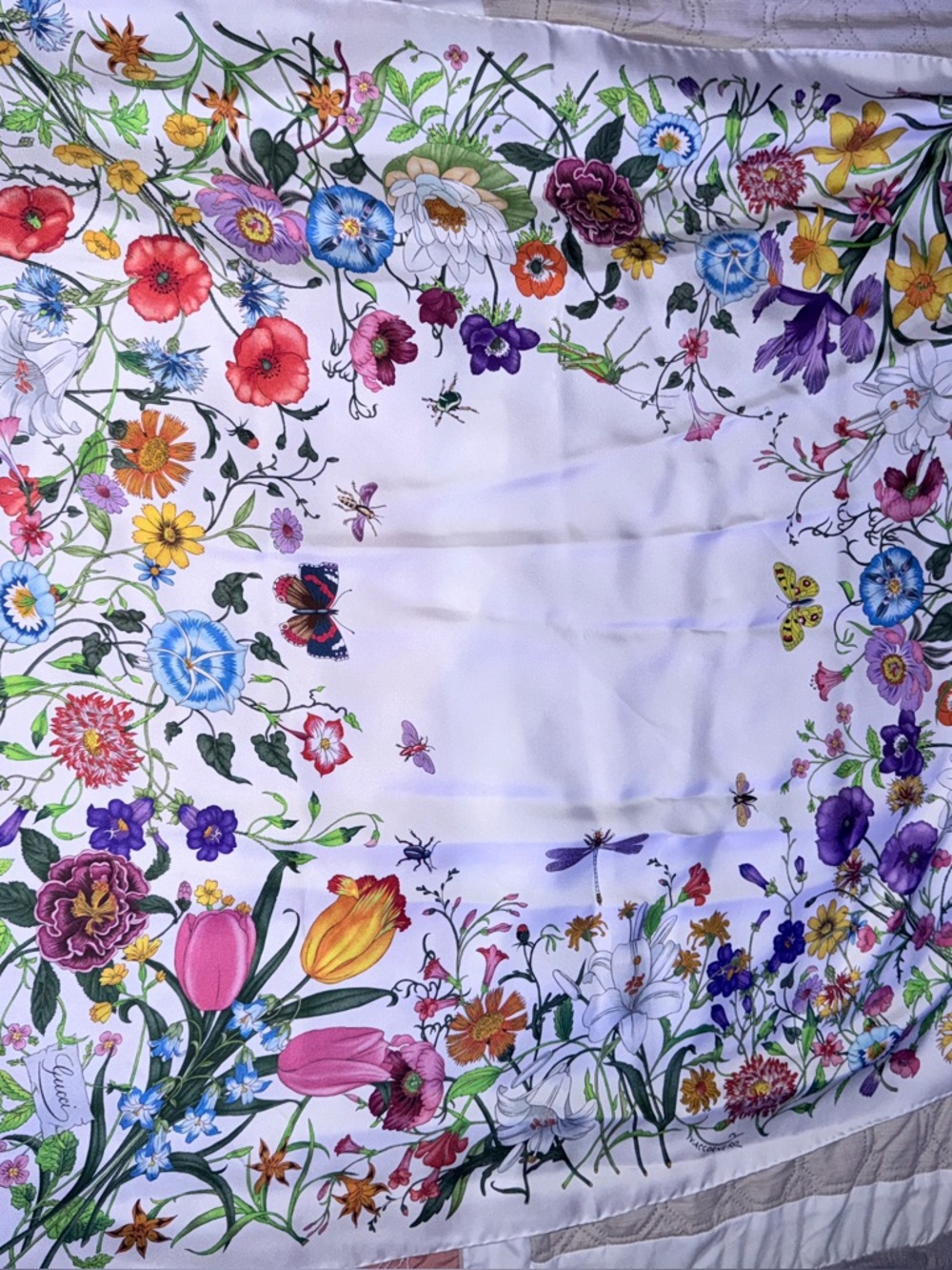Gucci White Floral Garden Print Throw with Multicolor Blooms